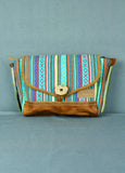 Woven Cotton and Buffalo Leather Button Bag - Turquoise