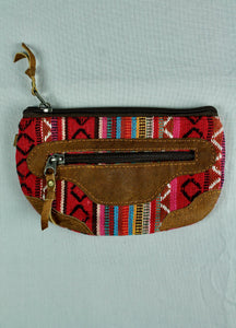 Woven Cotton and Buffalo Leather Pouch Purse - Red Multi