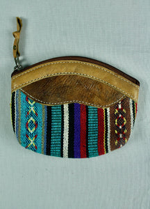 Woven Cotton and Buffalo Leather Coin Purse - Turquoise Multi