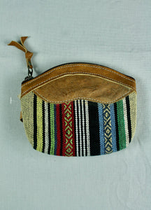 Woven Cotton and Buffalo Leather Coin Purse -Light Green Multi