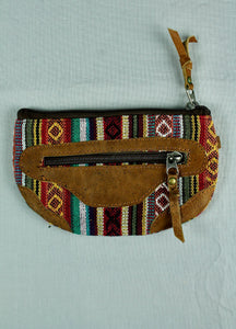 Woven Cotton and Buffalo Leather Pouch Purse -Red Brown Multi