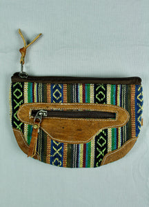 Woven Cotton and Buffalo Leather Pouch Purse -Green Black Multi