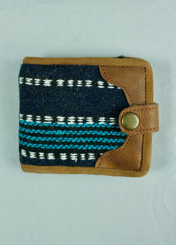 Woven Cotton and Leather Snap Wallet - Blue