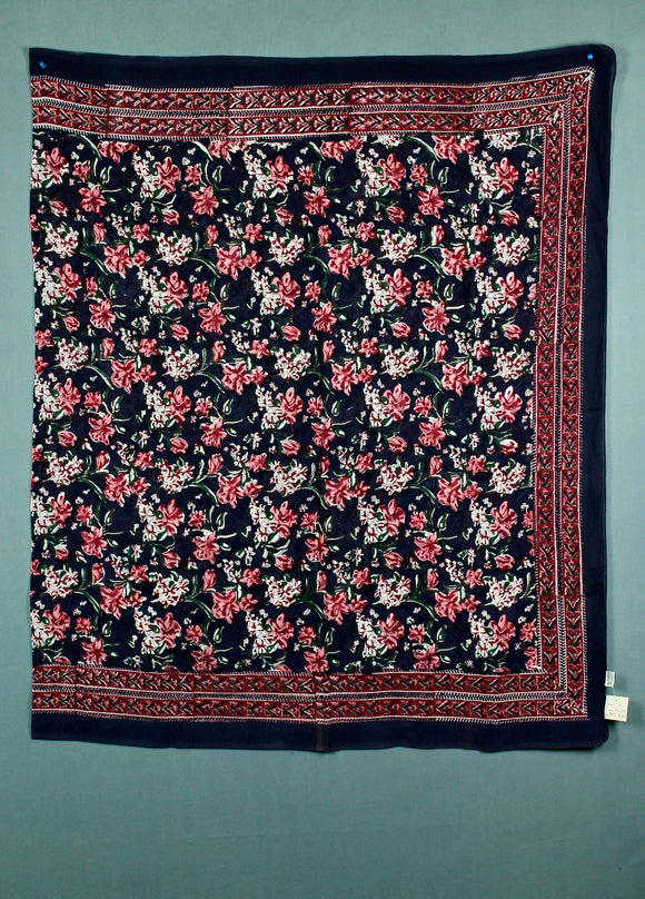 Block Printed Cotton Sarong - Deep Midnight Blue w. Pink Flowers