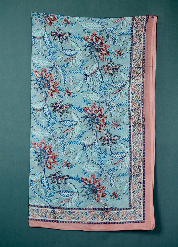 Block printed cotton sarong - Baby blue pink