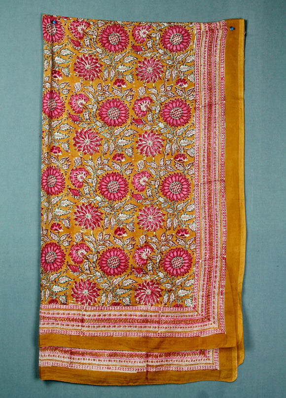Block printed cotton sarong - Orange pink flower