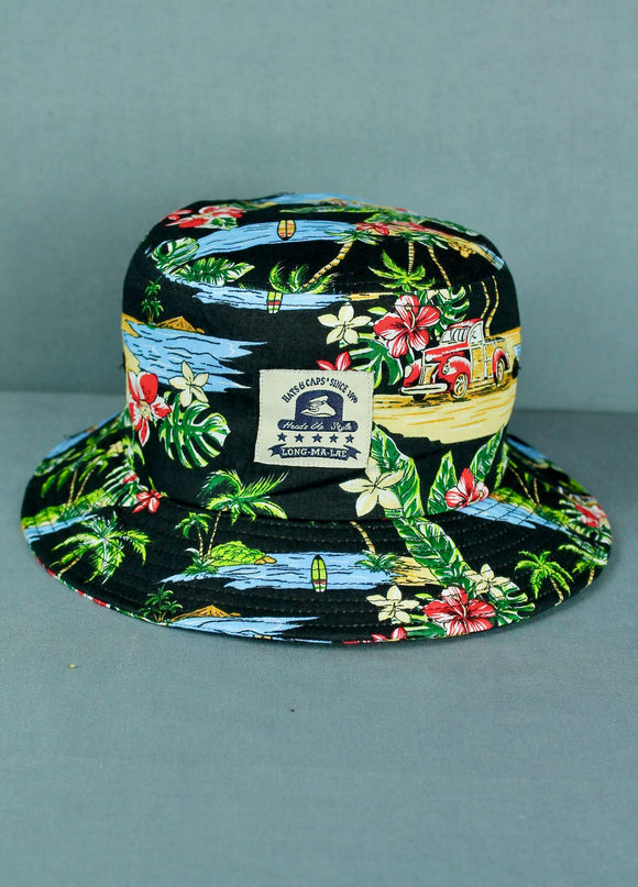 Print Bucket Hat - Black Tropical