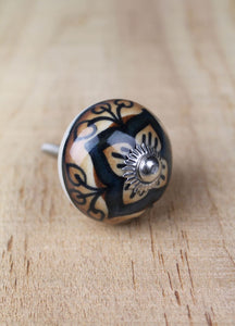 Ceramic drawer knobs - caramel with dark blue flower
