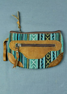Woven cotton and buffalo leather pouch purse - turquoise black multi