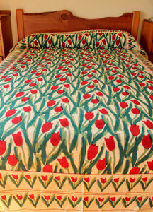 Hand block printed cotton bedsheet - cream red tulips