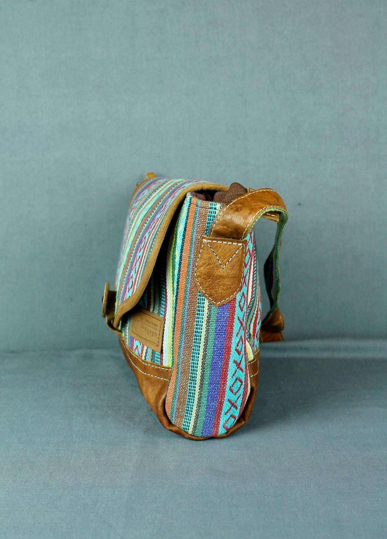 Woven cotton and buffalo leather button bag - turquoise ...