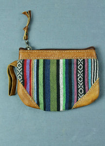 Woven cotton and buffalo leather coin purse - navy green multi
