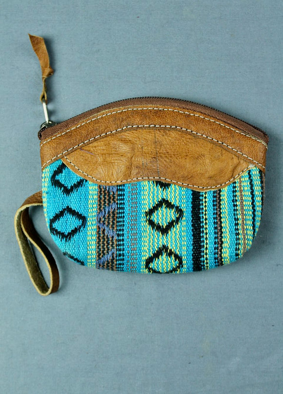 Woven cotton and buffalo leather coin purse - Turquoise multi