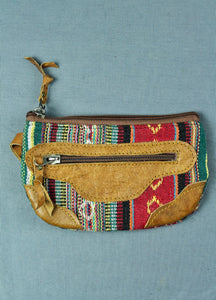 Woven cotton and buffalo leather pouch purse - red multi