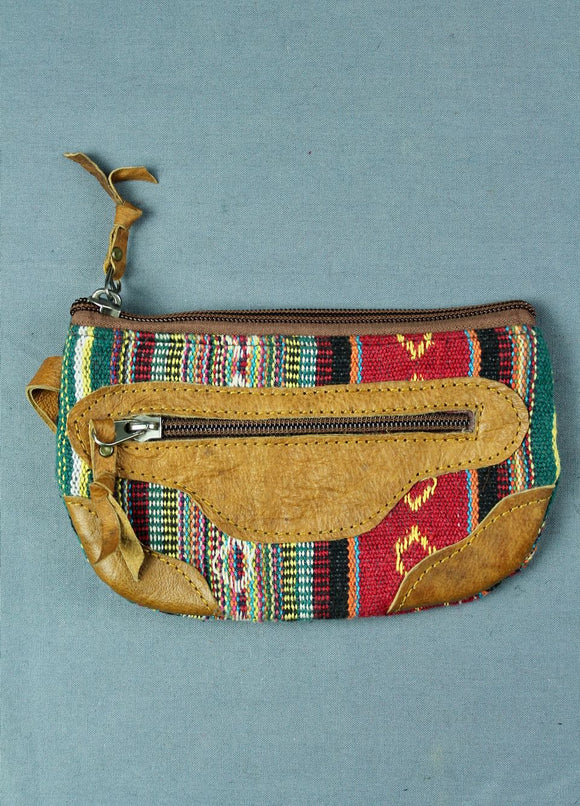Woven cotton and buffalo leather pouch purse - red multi