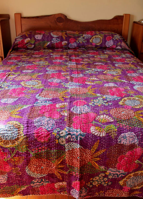 Quilted cotton bedcover - purple flower