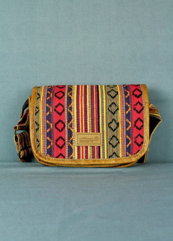 Woven cotton and buffalo leather flab bag - red and yellow