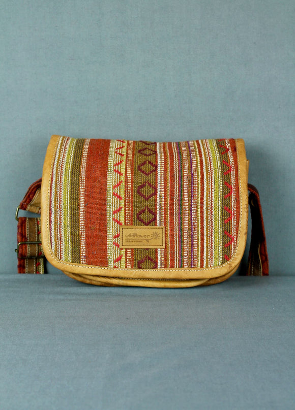 Woven cotton and buffalo leather flab bag - terracotta