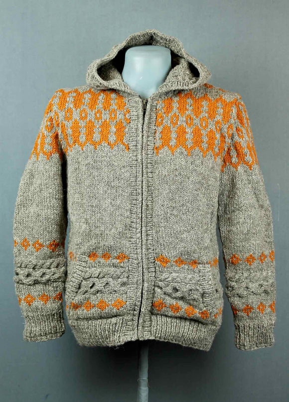 Hand knitted wool jacket - grey with orange