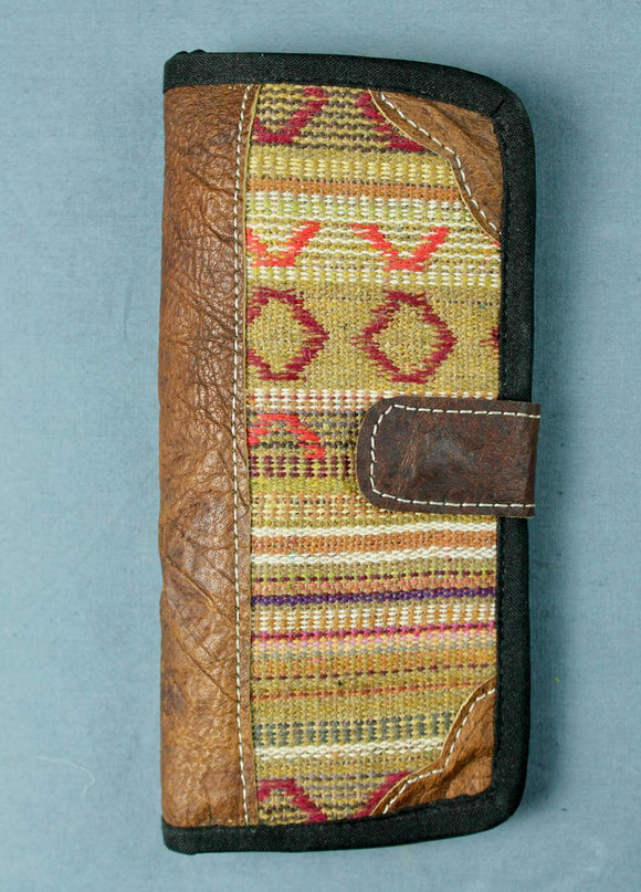 Woven cotton and buffalo leather wallet - tan multi