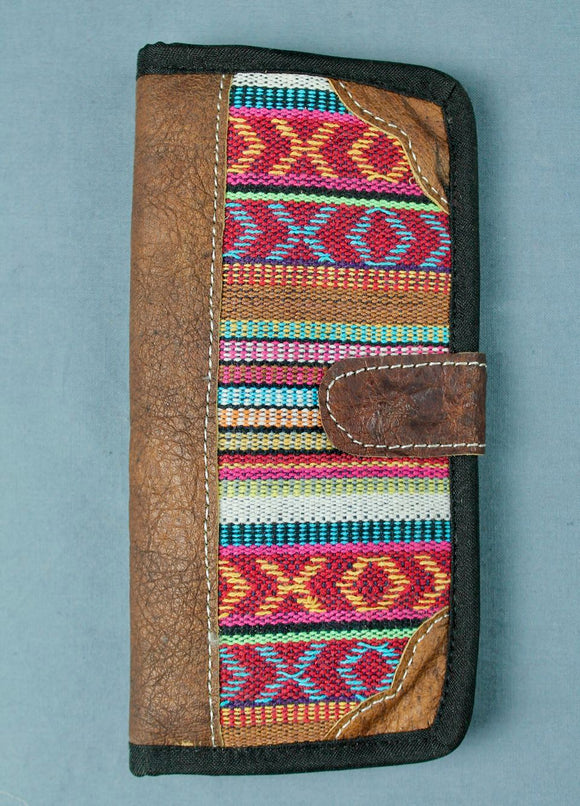 Woven cotton and buffalo leather wallet - pink white multi